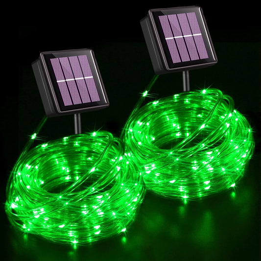 YEGUO 2 Packs Each 33ft 100 LED Solar Rope Lights Outdoor Waterproof, Green String Lights for Outside, 8 Modes Fairy Lights in Clear Thin Tube for Camping Fence Patio Garden Trampoline Deck