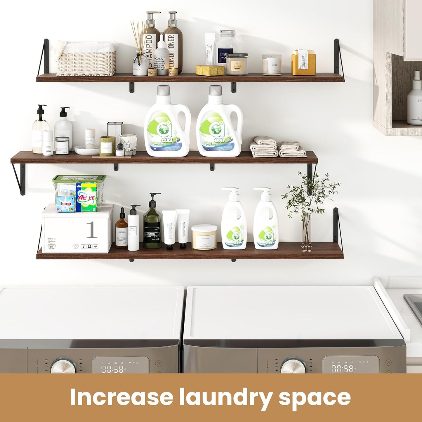 Heimlove 48 Inch Large Floating Bookshelves Set of 3,Wall Mounted Bookshelves,Heavy Duty Wooden Shelves for Living Room,Bedroom,Kitchen,Laundry Room Storage & Decor-Walnut Color