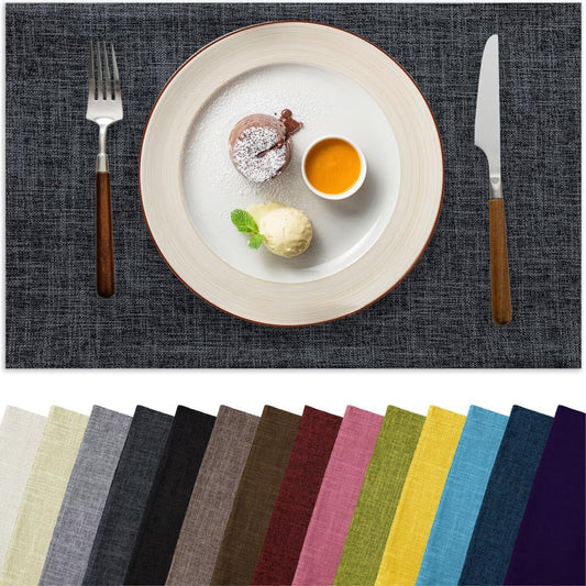 Placemats Set of 8, Bilayer Thickened Linen Place Mats Heat Resistant Machine Washable Wrinkle Free Carefully Selected Polyester Mats for Kitchen/Dining/Coffee Table (Charcoal Grey)