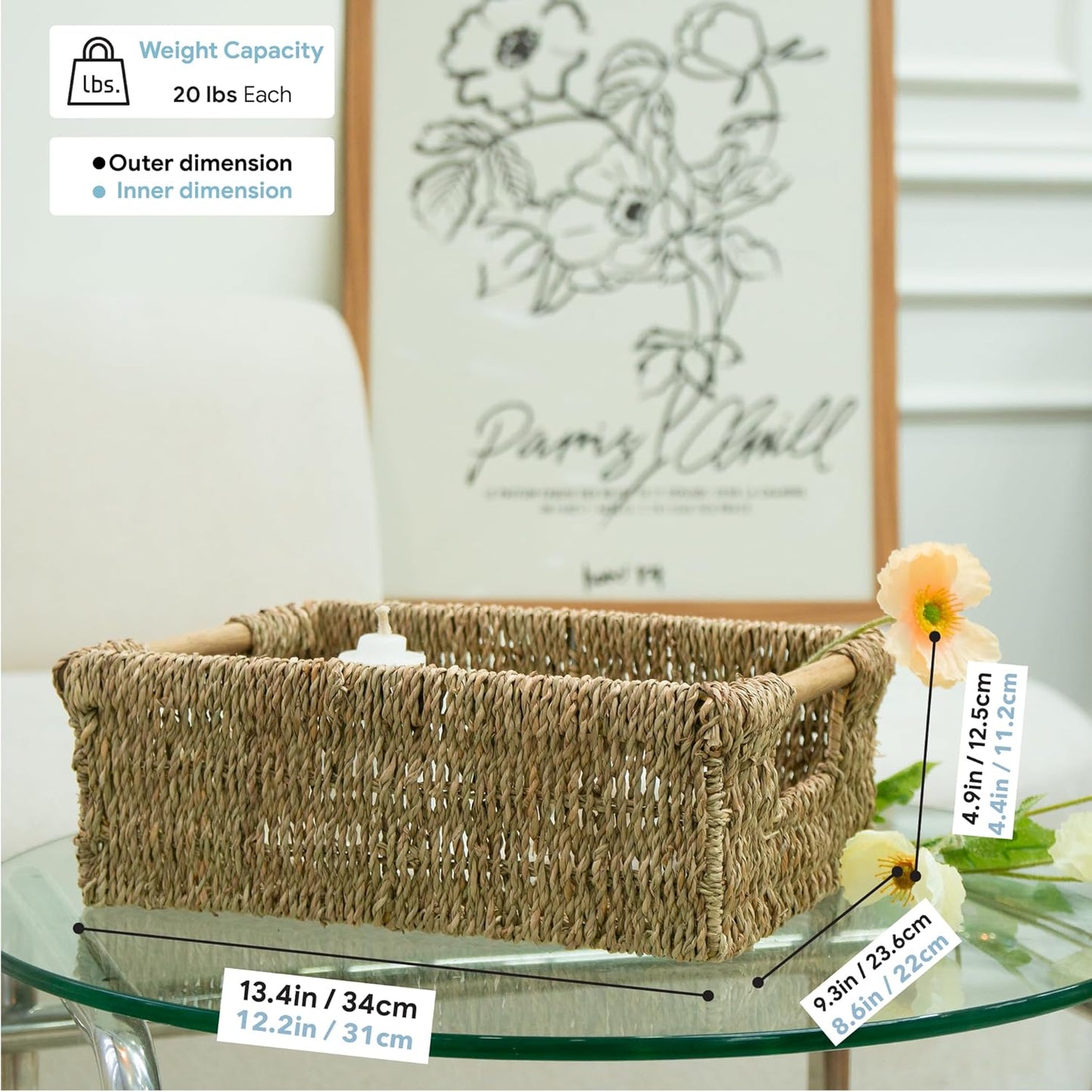 Natural Seagrass Storage Basket with Handle, Rectangular Woven Organizer Bin for Living Room or Shelf, Decorative Storage Basket, Medium Size 13.4 x 9.3 x 4.9 Inches