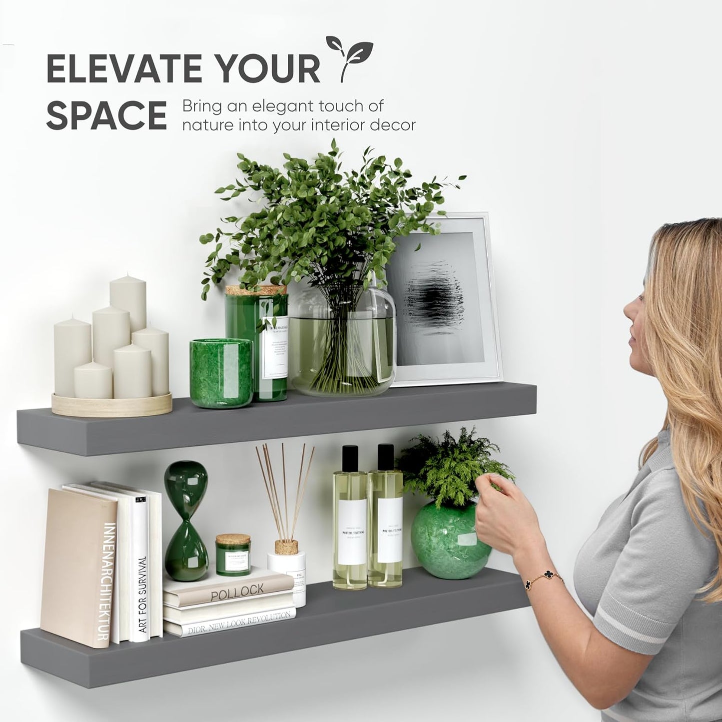 Homeforia Gray Floating Shelves for Wall, Premium Solid Wood Grey Shelf, Grey Bathroom Shelves, Heavy Duty Bracket, 30 x 6.5 x 1.75 inch, Set of 2