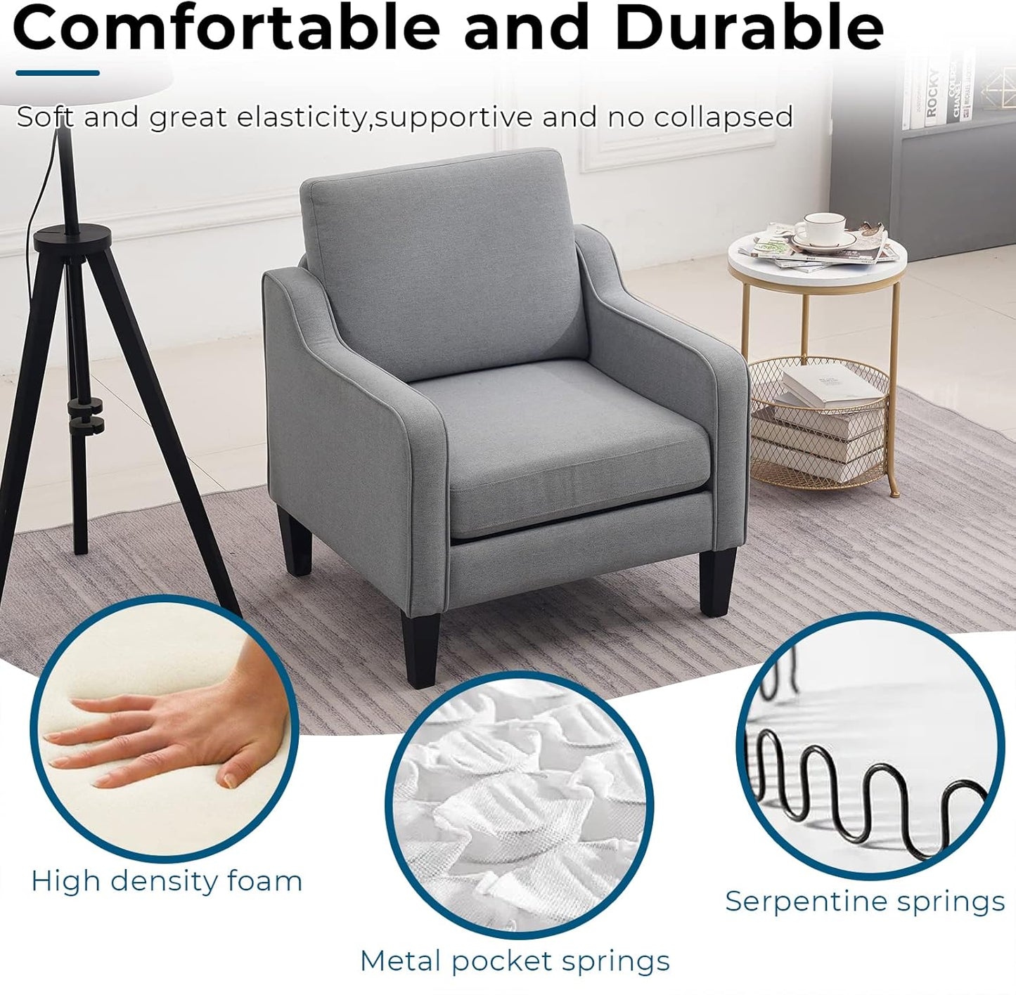 VINGLI Mid Century Modern Accent Chair, Light Grey Fabric Accent Chairs for Living Room Upholstered Armchair with Scooped Arms for Bedroom, Apartment, Studio, Office, Waiting Room