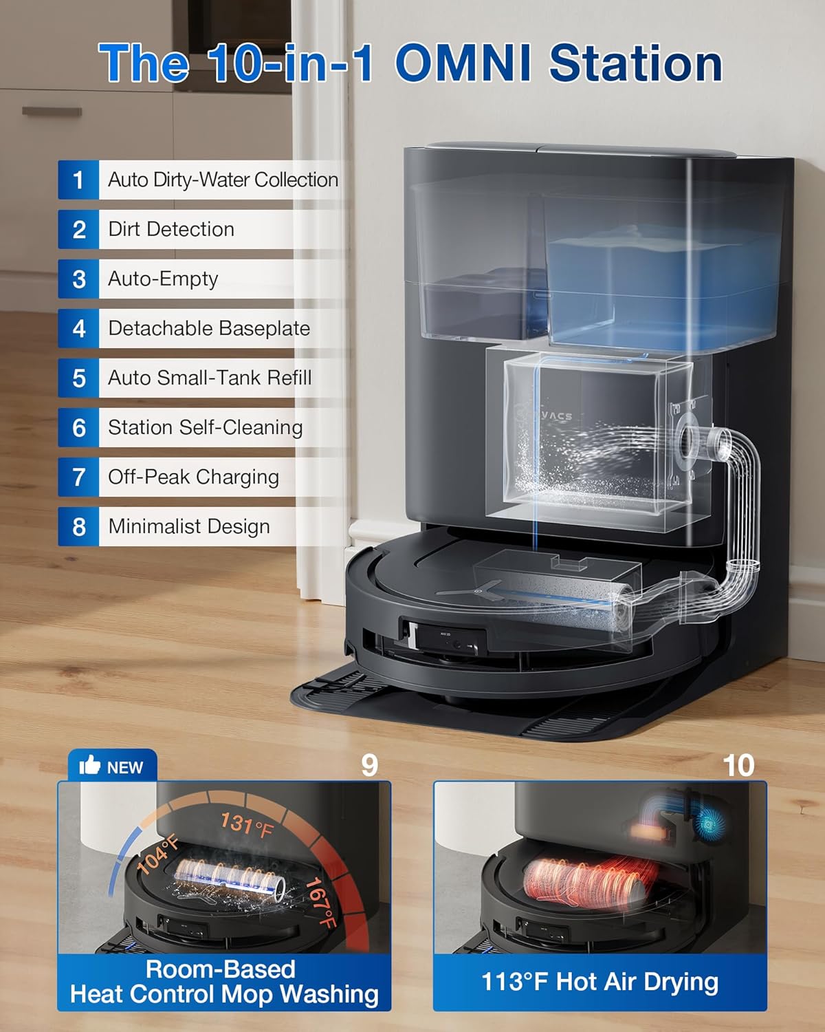 ECOVACS DEEBOT T80 Omni Robot Vacuum and Mop, 18,000Pa Suction, OZMO™ Roller Real-Time Mop Washing, Self-Emptying, Hot Air Drying, AI Navigation, Anti-Tangle Brush, for Pets, Carpets & Hard Floors