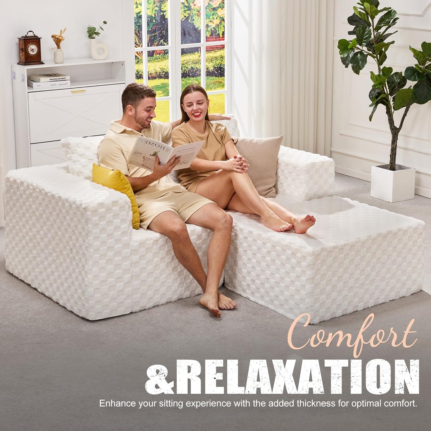 Hobestluk Modular Sectional Sofa Memory Foam Couch L Shape Sofa for Living Room Loveseat with Chaise Lounge Cloud Couch with Removable Cover (Plush White, Loveseat with Chaise)