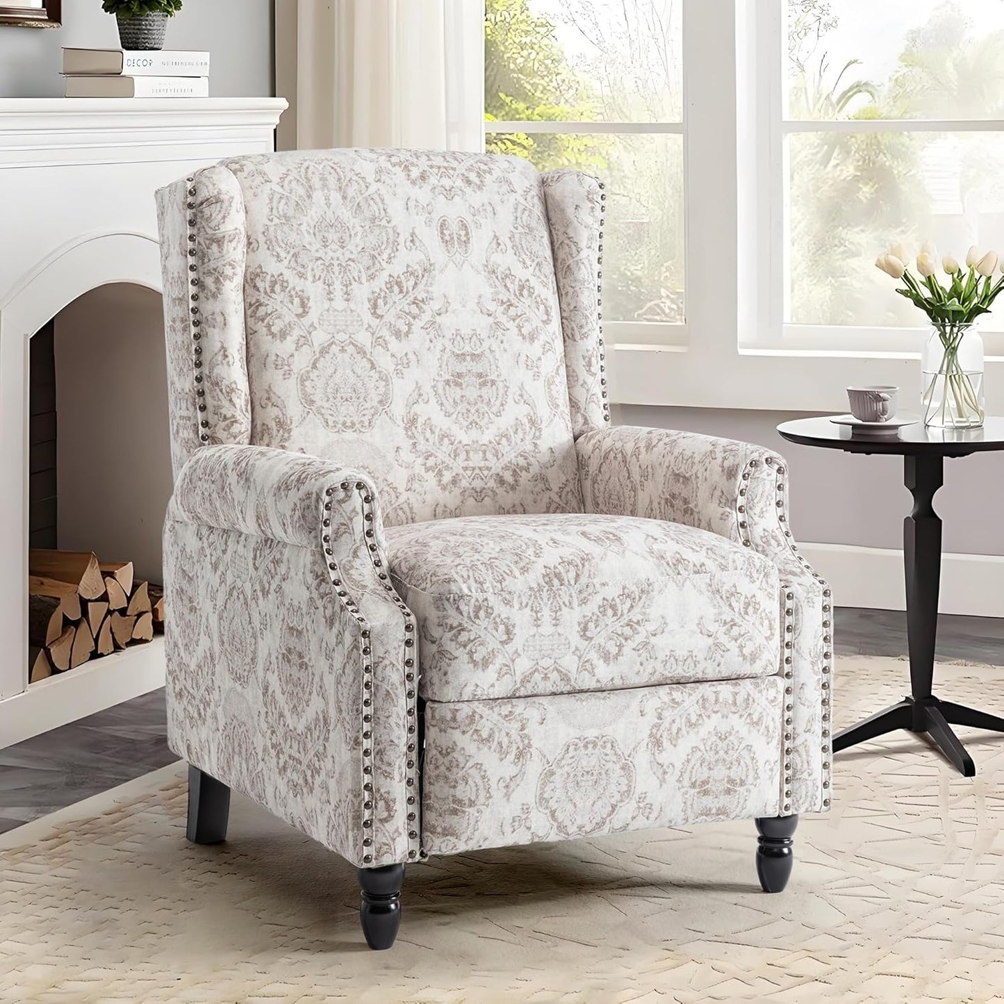 UIXE Recliner Chairs Set of 2, Fabric Upholstered Armchair Pushback Accent Chair for Living Room, Floral Rivet Trim Club Chair Home Theater Single Sofa Bedroom Side Reading Seat - Beige Pattern