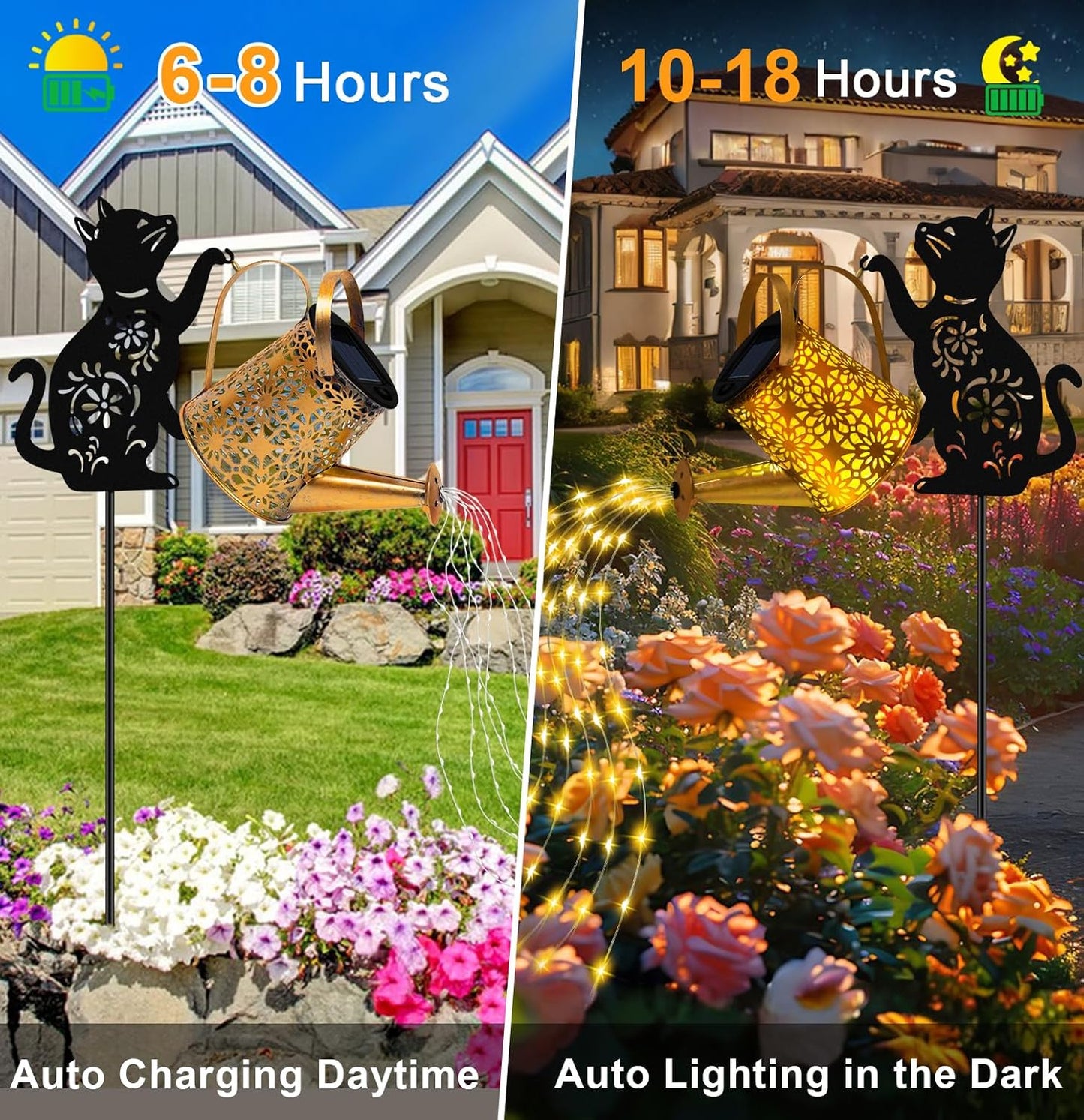 Solar Lights Outdoor Decorative, Watering Can with Cascading Lights, with Cat Silhouette Garden Stakes, Waterproof Metal Garden Decor for Yard Art, Outside, Patio, Lawn Ornaments