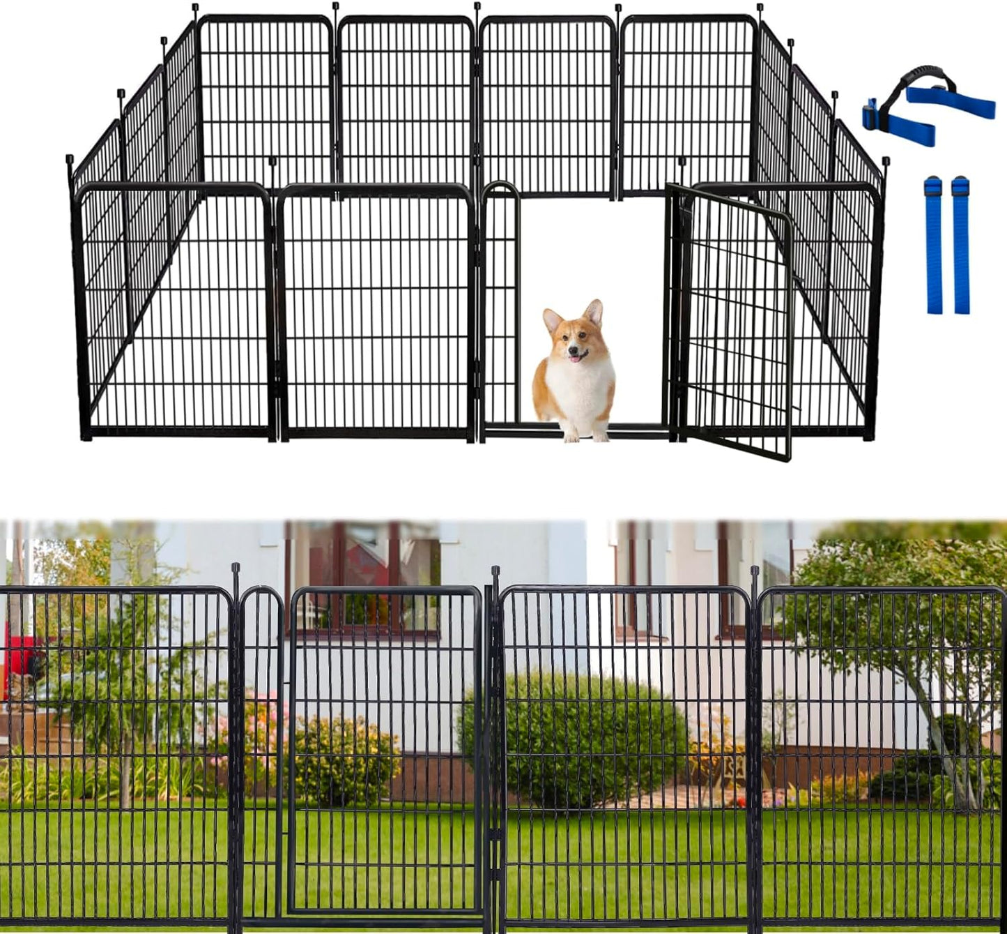 Tall Garden Fence Animal Barrier, 54 in(H) Dog Fences for The Yard, 10 Panels Total 22.1 Ft(L) Garden Edging Fence, 21 in Wide Low Threshold Gate, Temporary Fences for Dogs Outdoor