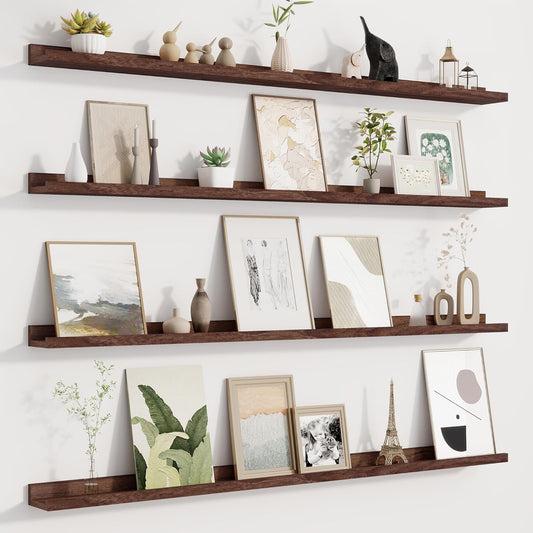 Picture Ledge Shelf for Wall, Floating Shelves Set of 4, 48 Inch Long Nursery Book Shelves for Toys Storage, Kids Bookshelf Wall Mounted for Books Photo Frames, Walnut