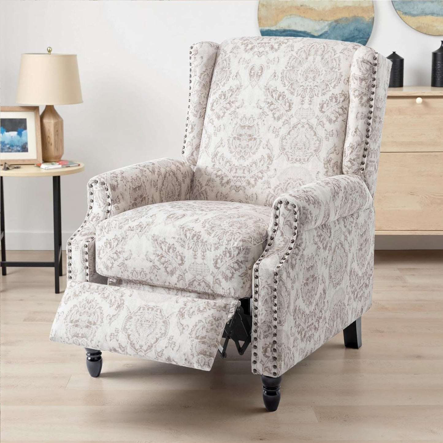 UIXE Recliner Chairs Set of 2, Fabric Upholstered Armchair Pushback Accent Chair for Living Room, Floral Rivet Trim Club Chair Home Theater Single Sofa Bedroom Side Reading Seat - Beige Pattern