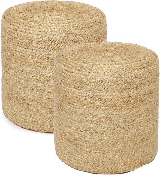 REDEARTH · Cylindrical Pouf Ottoman - Braided Pouffe Accent Sitting Round Footrest for Living Room, Bedroom, Nursery, kidsroom, Patio, Gym; 100% Jute Set of 2 (14.5"X14.5"X16"; Natural)