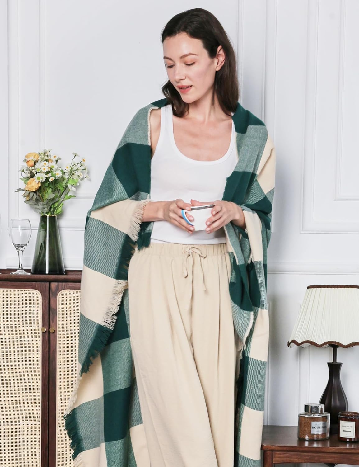 ZonLi Green Checkered Throw Blanket, 50" x 60" Christmas Decorative Blankets, Decorative Vintage Throws with Tassel for Couch, Bed, Sofa, Chair, Outdoor, Cozy Warm Lightweight Farmhouse Blankets