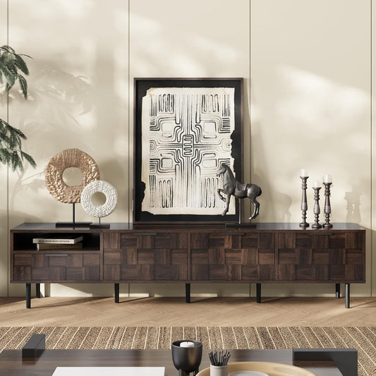 Modern TV Stand for TVs up to 85", Mid-Century Media Console with Checkered Cabinet Doors, Storage Drawers & Open Shelves, Wood Entertainment Center with Metal Legs