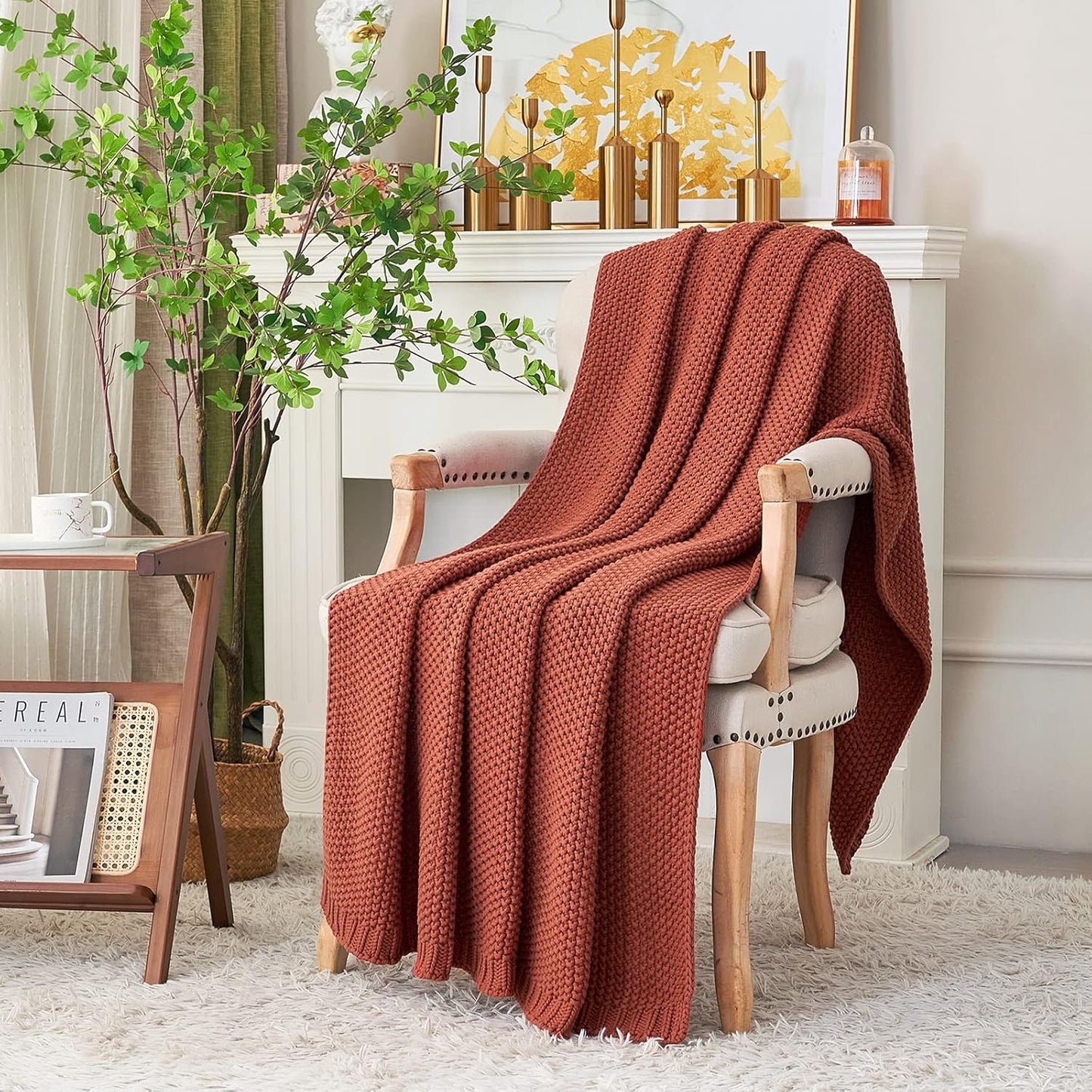 Longhui bedding Chunky Cable Knit Throw Blanket Lightweight Rust 100% Organic Cotton Blanket for Sofa Couch Bed Baby Nursery, Rustic Shabby Chic Modern Farmhouse, 51” x 63” Give Laundering Bag
