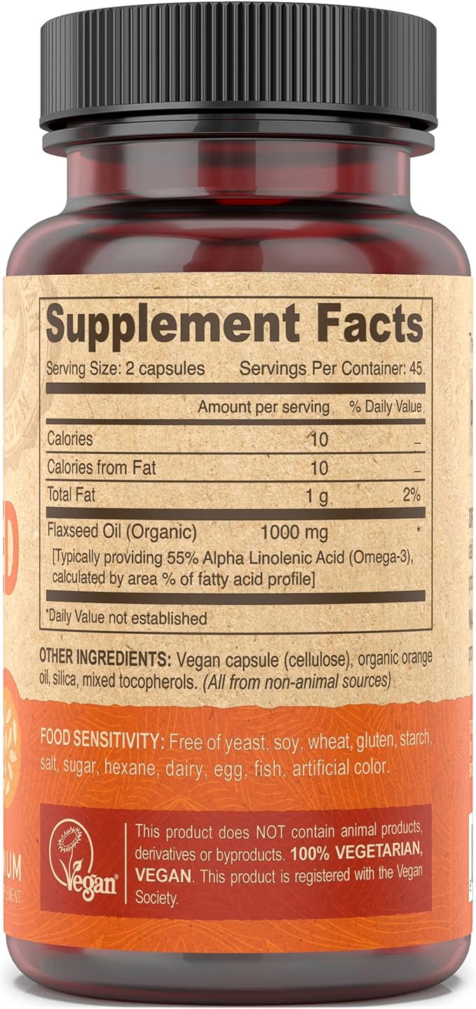 DEVA Organic Vegan Vitamins Flax Seed Oil Omega-3, Cold-Pressed 90 Capsules, 2-Pack