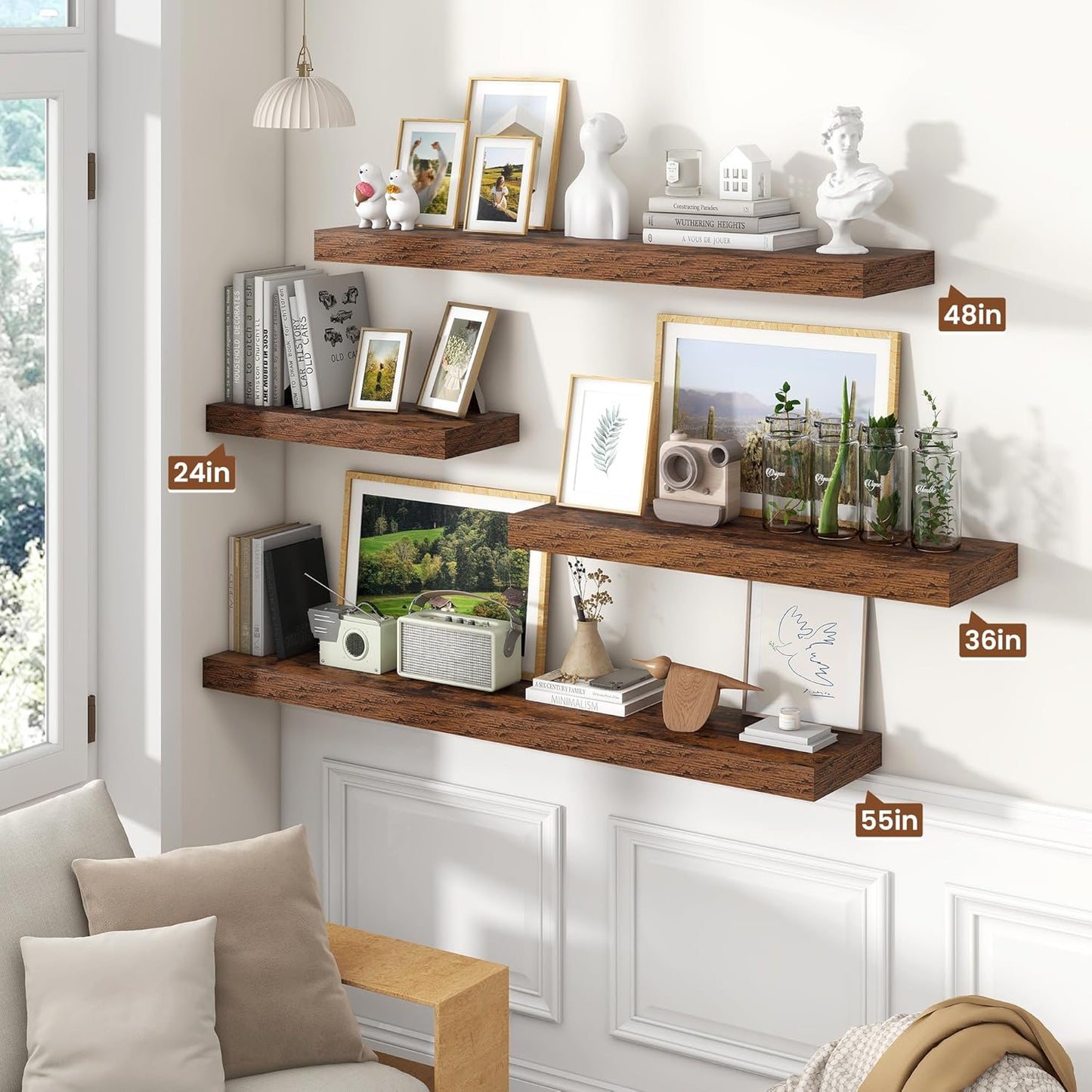 Heimlove 36 Inch Floating Shelves for Wall,10 Inch Deep Brown Wood Shelves with Invisible Brackets,Wall Mounted Storage & Display Shelves for Bedroom,Living Room,Kitchen,Office