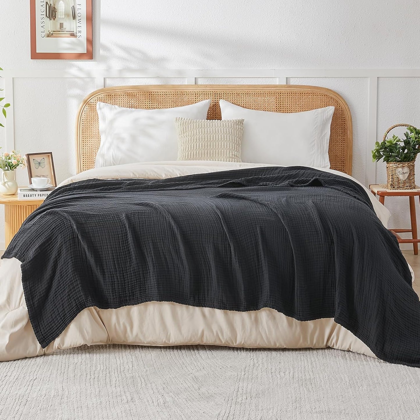 EMME Cotton Muslin Throw Blanket Couch Breathable Gauze Blanket Soft Lightweight Blankets Adults (Black, 50"x60")