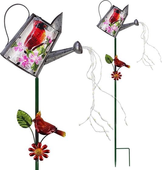 Garden Solar Lights Outdoor, Metal Watering Can Garden Stake Lights Cardinal Bird Decor Glass Art for Walkway, Pathway, Yard, Lawn