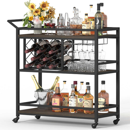 FATORRI Bar Cart for The Home with Wine Rack and Glasses Holder, Small Home Bar Serving Cart on Wheels for Liquor and Alcohol (Walnut Brown)
