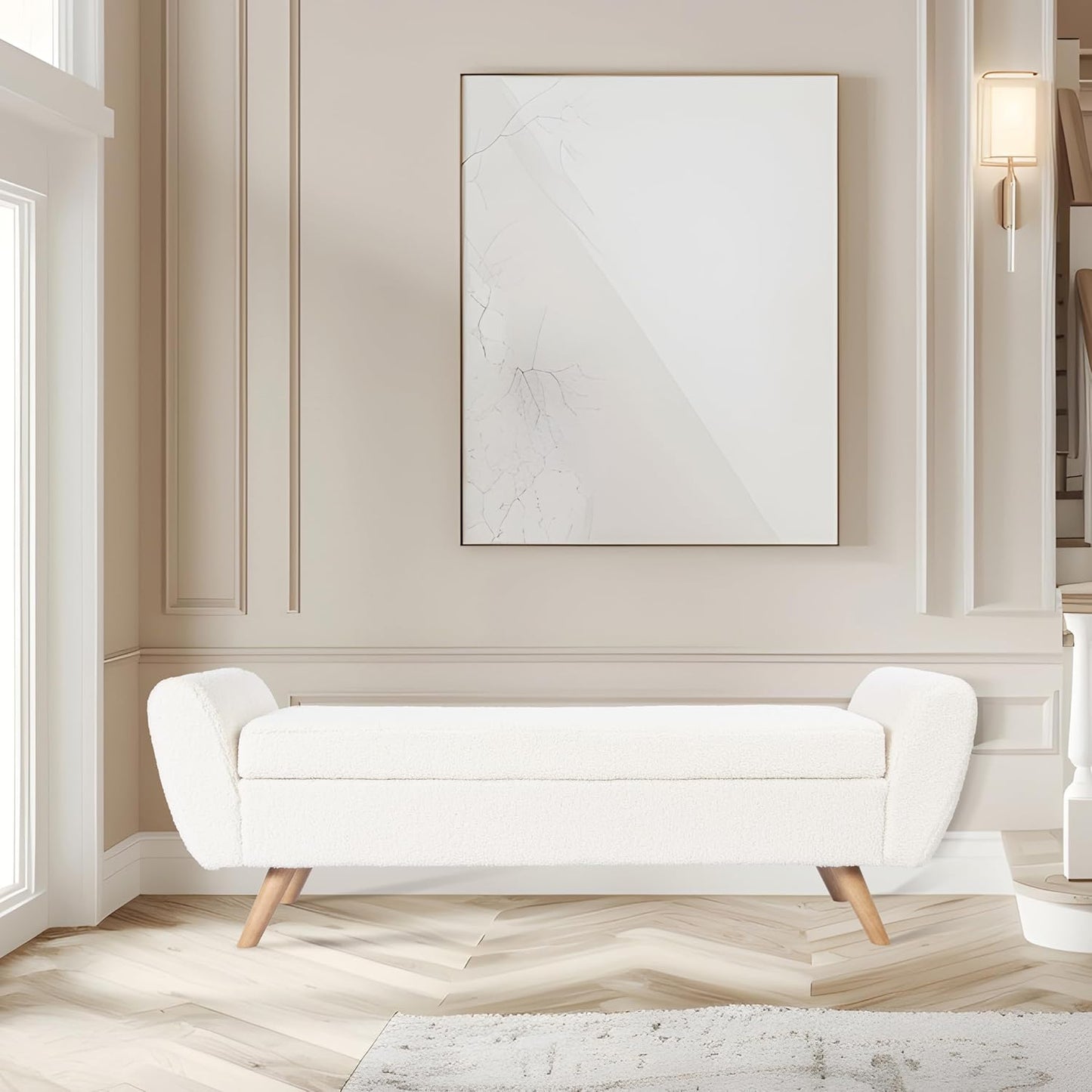 HomePop Modern Storage Bench with Wood Legs Home Décor|Bench with Storage for Living Room & Bedroom - Sherpa Cream