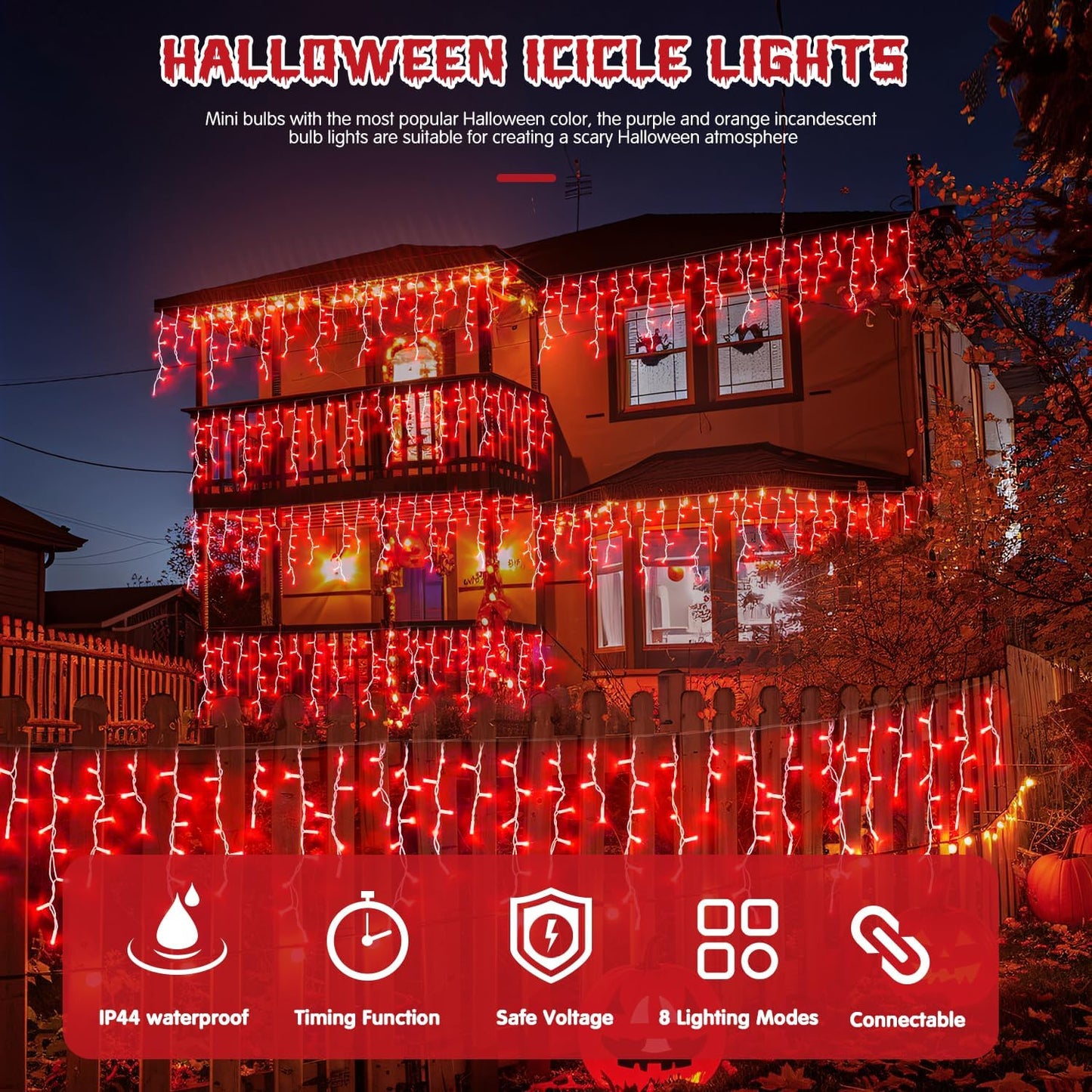 JMEXSUSS 400 LED Red Icicle Lights for Halloween Decor, Connectable Red Halloween Lights Indoor Outdoor with Remote, Christmas Light for Room Fireplace Christmas Decorations