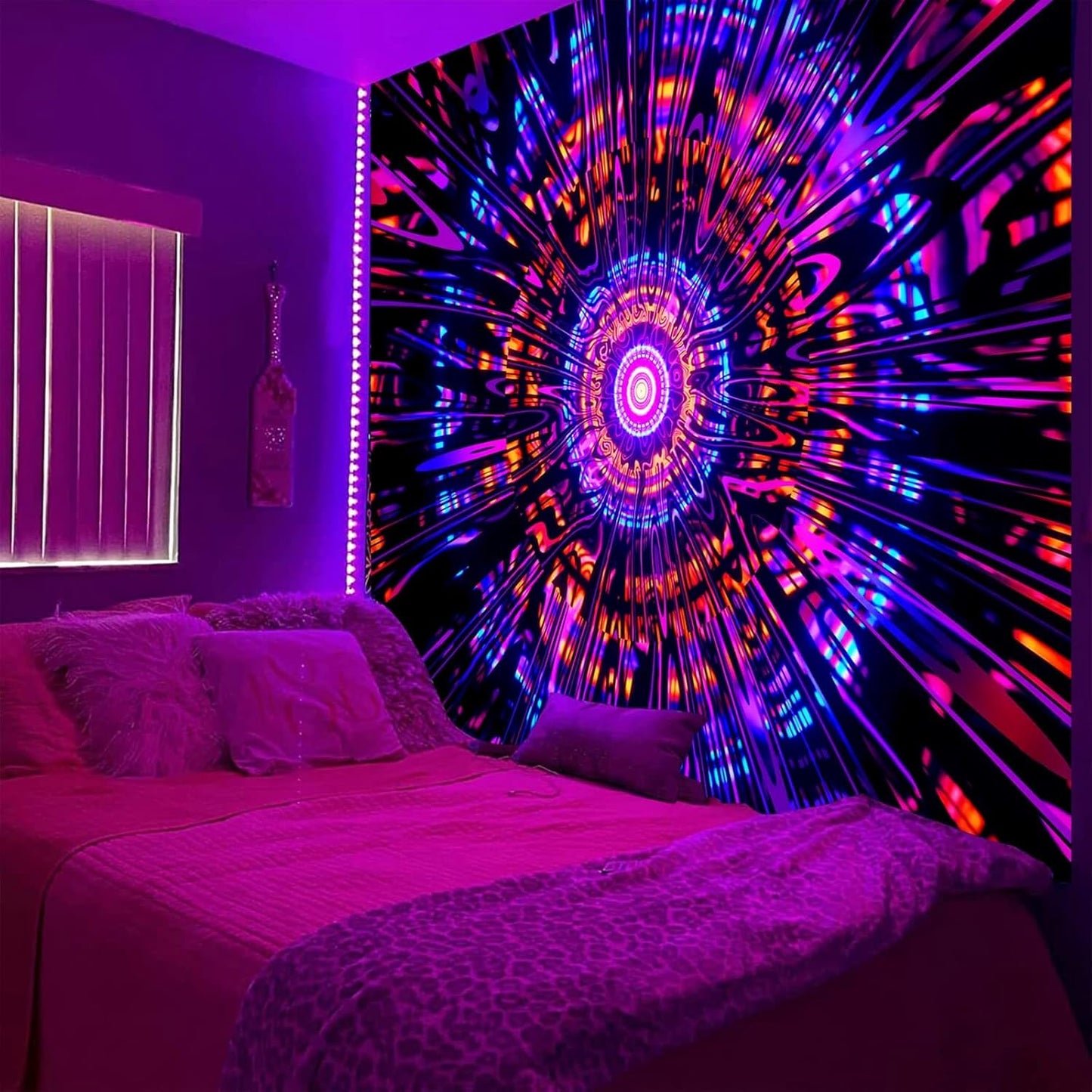 PSYHILAR Blacklight Mandala Tapestry for Bedroom, Psychedelic Black Light Posters for Adults and Teens, Colorful UV Reactive Aesthetic Bohemian Art Wall Hanging Decor Red and Purple (60 x 50 Inches)