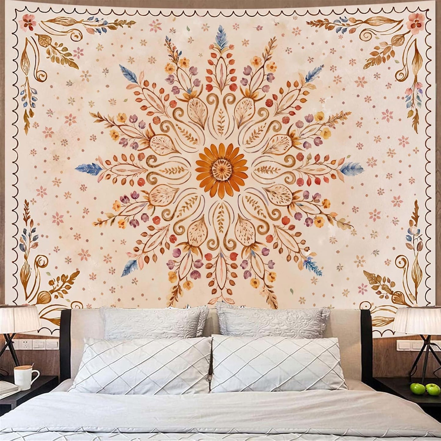 Fowocu Boho Floral Mandala Tapestry for Bedroom Aesthetic Watercolor Bohemian Flower Wall Tapestry Brown Beige Hippie Indian Extra Large Tapestries Wall Hanging for Living Room Dorm Decor 90 x 68 Inch