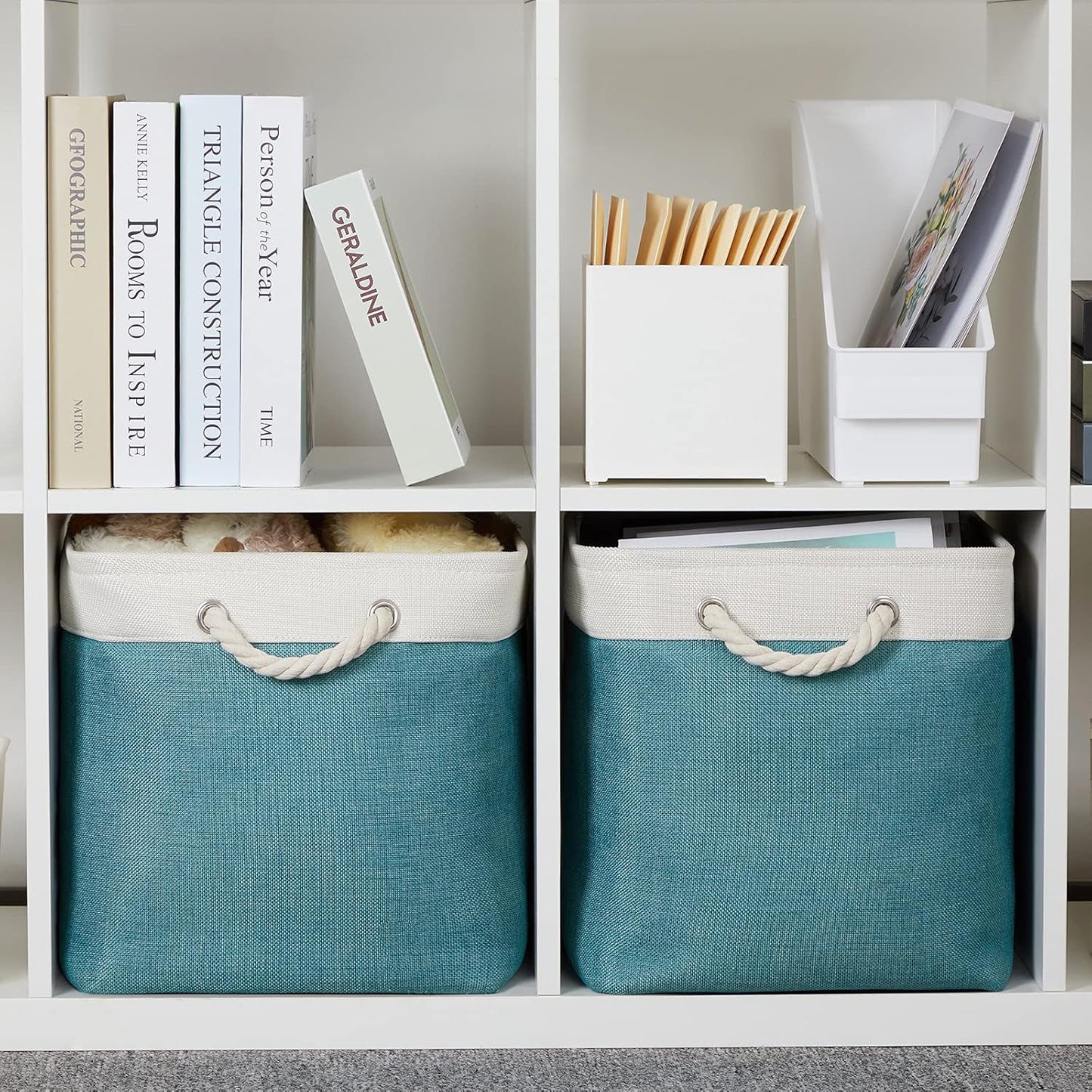 Bidtakay Foldable Storage Bins Set of 2 Tall Cloth Baskets 16" X 11.8" X 11.8" Decorative Organizers for Linen Closet (White & Teal)