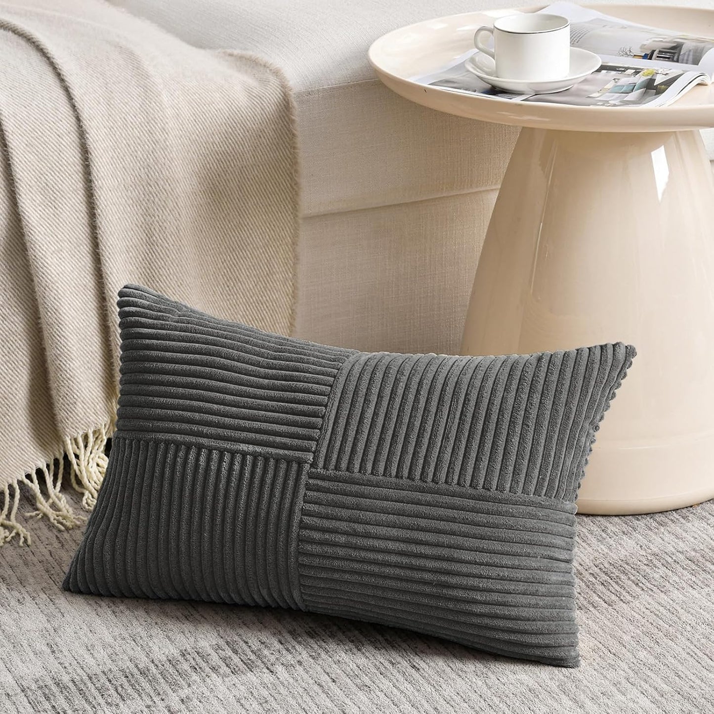 Fancy Homi 2 Packs Dark Gray Lumbar Decorative Throw Pillow Covers 20x28 Inch for Living Room Couch Bed Sofa, Farmhouse Home Decor, Soft Striped Corduroy Rectangle Accent Cushion Case 50x70 cm