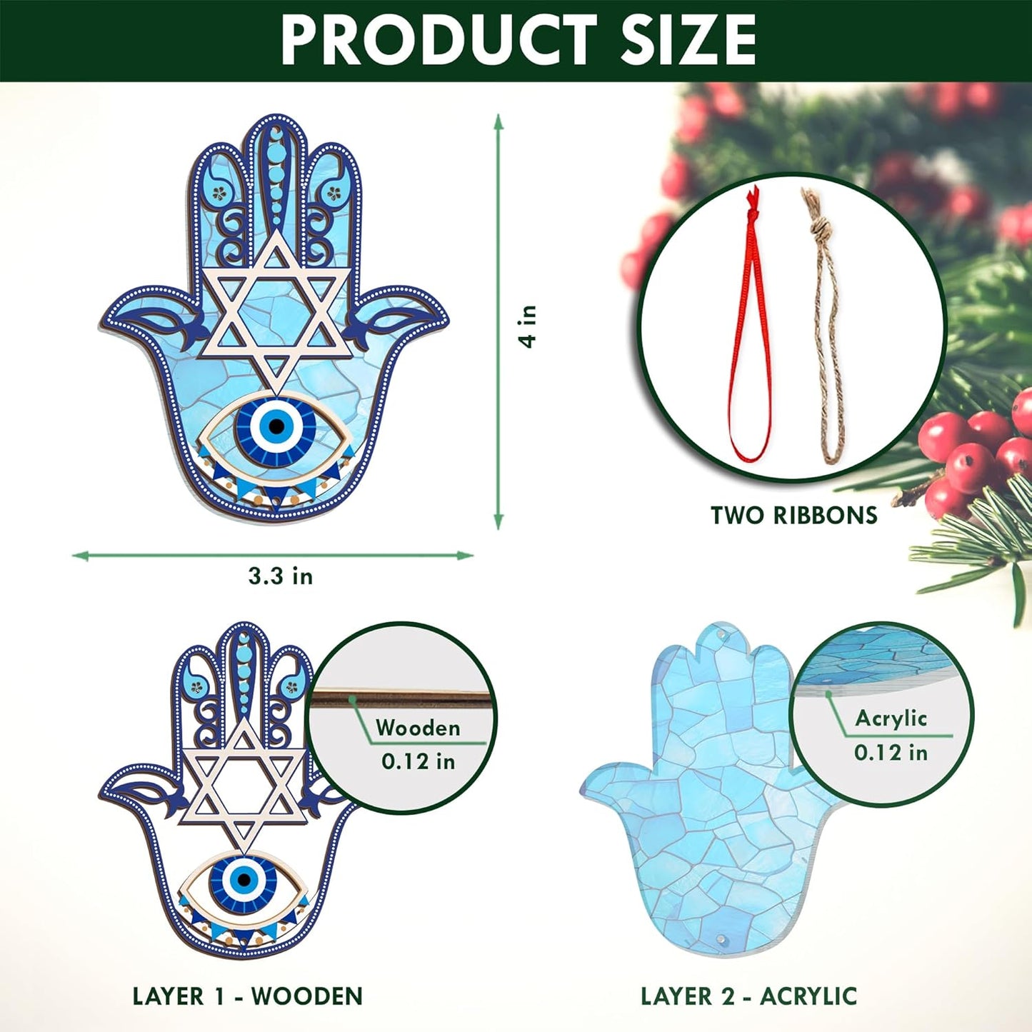 FLAGWIX Hanukkah Gifts for Women, Men - Christmas Ornament 2025, Hamsa Hand, Fatima Home Decor, Housewarming Gift Ideas, Spiritual Gifts - Christmas Decorations, Single Suncatcher Ornament