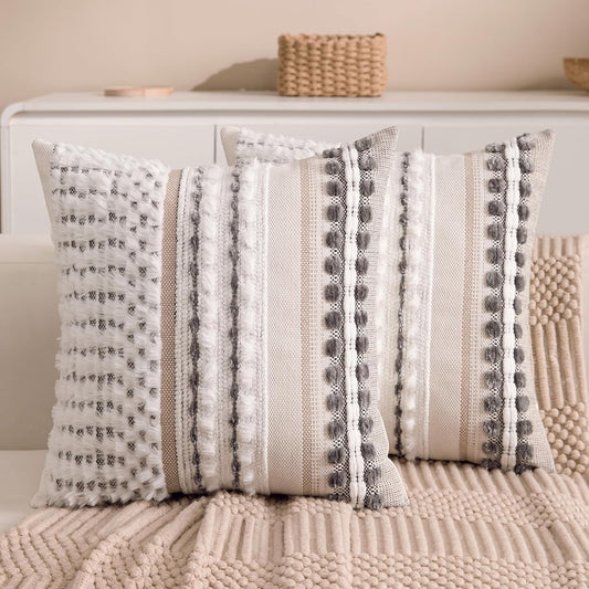 Boho Chenille Tufted Couch Throw Pillow Covers 18x18 Inch Set of 2 Farmhouse Striped Decorative Pillow Covers Accent Neutral Square Pillowcase Grey Cushion Covers for Livingroom Sofa Bed