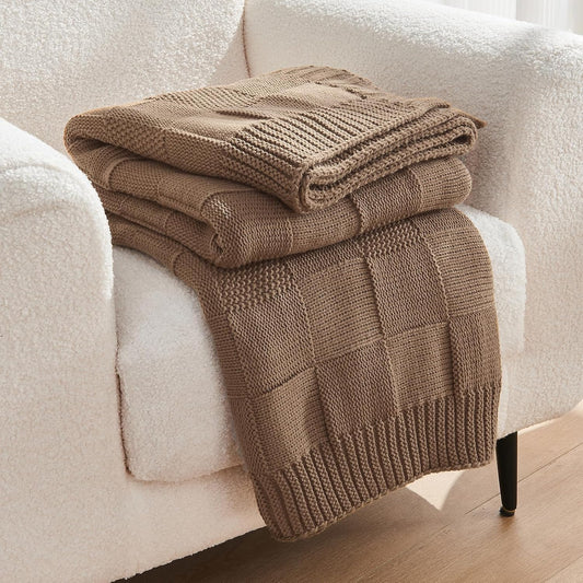 CozeCube Check Knit Throw Blanket, Light Brown Checkered Throw for Couch, Decorative Christmas Soft Cozy Warm Knitted Blanket for Bed Sofa Living Room, 50"X60"