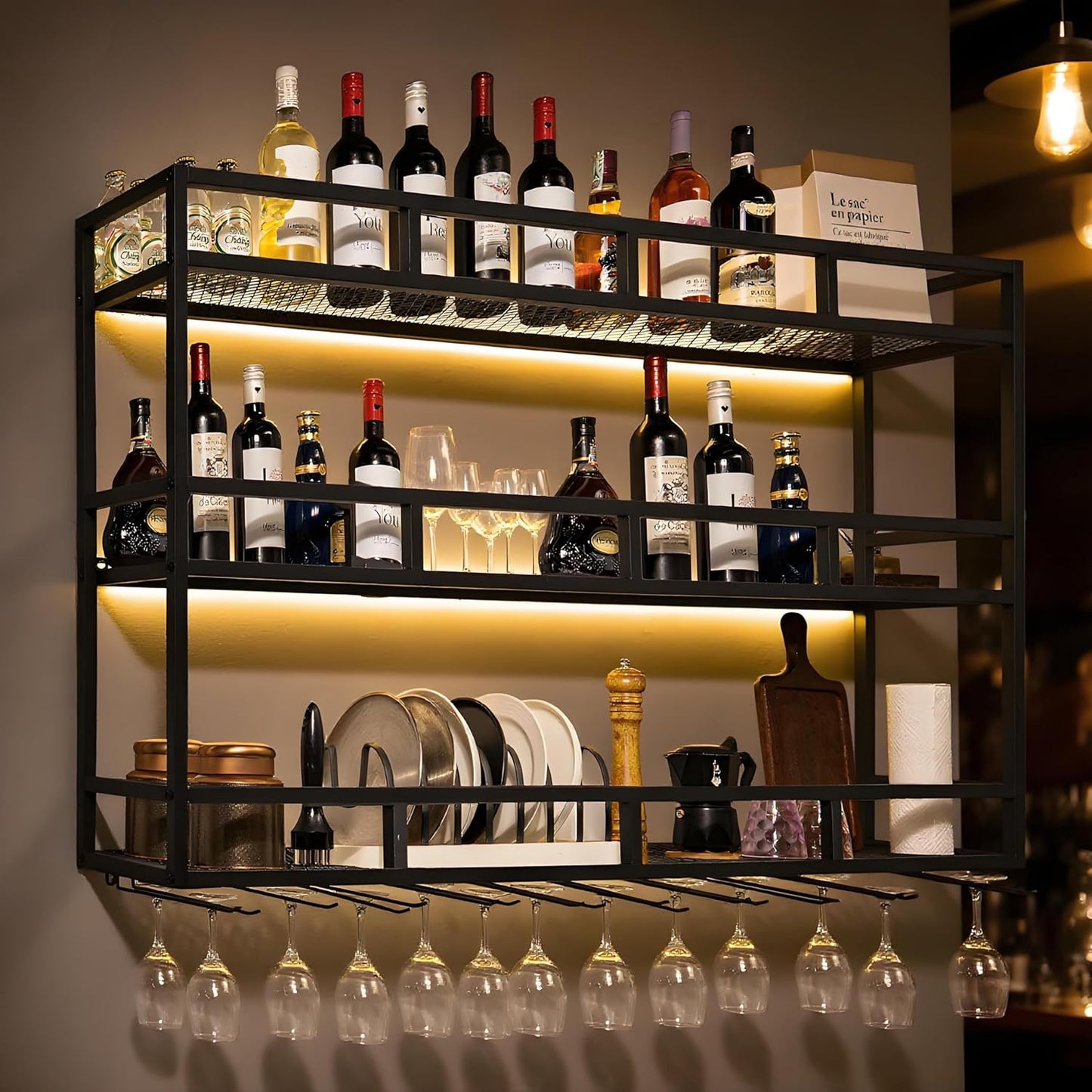 59" Large Wine Rack Wall Mounted with Bottle Glass Holder, 3-Tiers Metal Liquor Floating Shelves with LED Light, Wall Bar Shelf for Home, Restaurant, Commercial Bar, Kitchen Storage Display