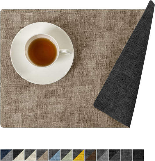 Romanstile Reversible Vinyl Placemats Set of 8, Faux Leather 100% Waterproof Oil-Proof Wipeable Place Mats, Heat Resistant Dual Sided Table Mats for Kitchen/Dining/Party (Grey Khaki, 12 x 17 Inch)