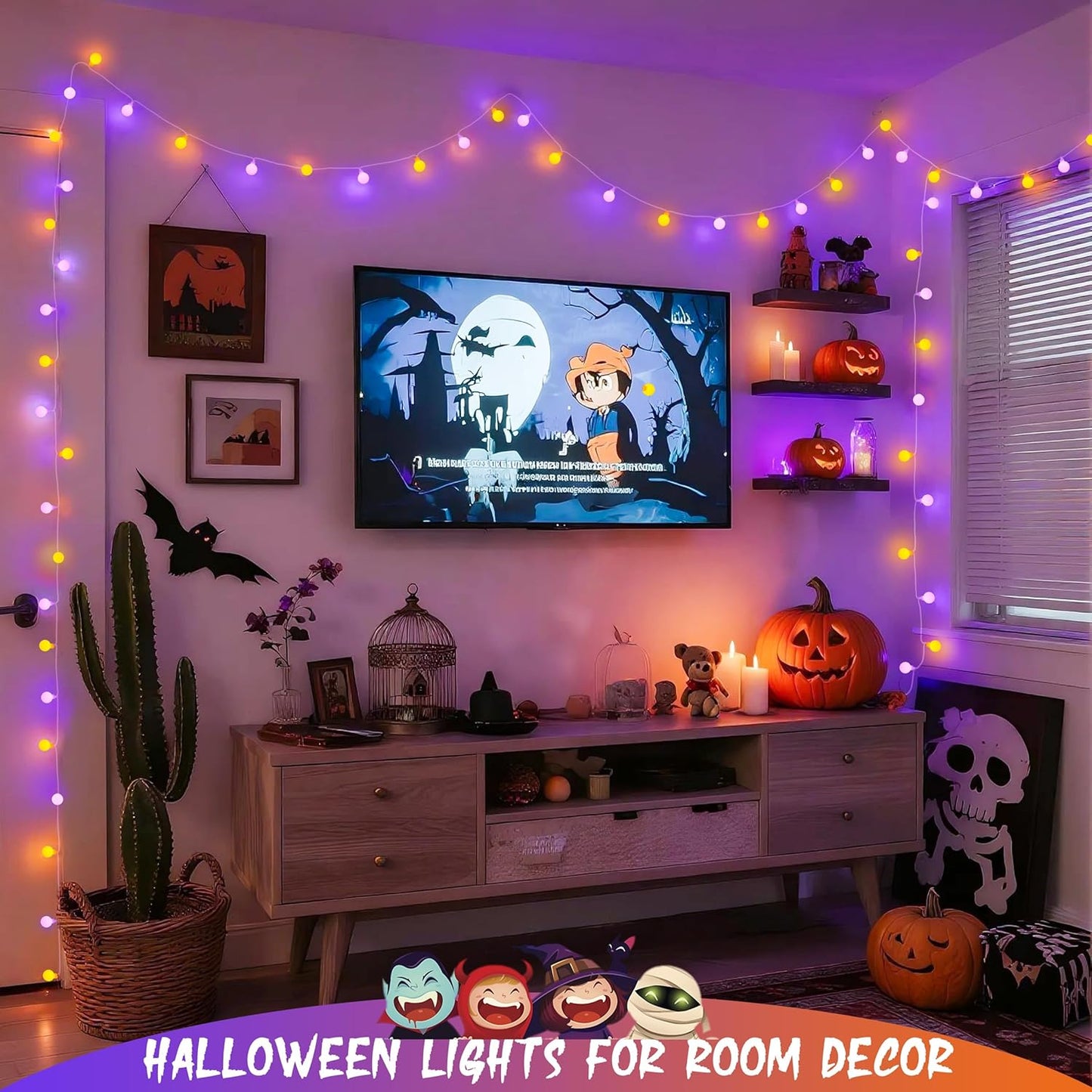JMEXSUSS 100 LED Orange and Purple Halloween Lights Indoor, Connectable Globe String Lights Plug in with Remote, 33ft 8 Modes Orange and Purple Light Outdoor for Room Party Halloween Decor