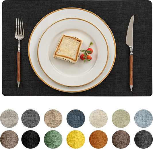 Romanstile Reversible Vinyl Placemats Set of 6, Faux Leather 100% Waterproof Oil-Proof Wipeable Place Mats, Heat Resistant Dual Sided Table Mats for Kitchen/Dining/Party (Black, 12 x 18 Inch)