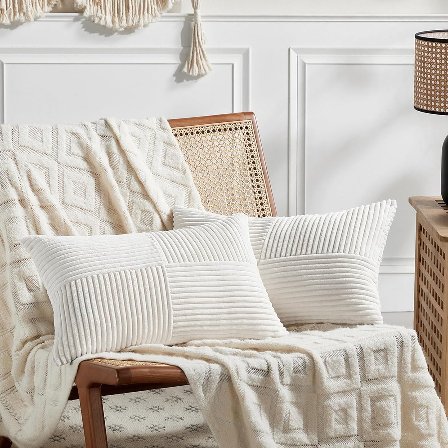 Fancy Homi 2 Packs Cream White Lumbar Decorative Throw Pillow Covers 14x24 Inch for Couch Bed Sofa, Rustic Farmhouse Boho Home Decor, Soft Striped Corduroy Rectangle Accent Cushion Case 35x60 cm