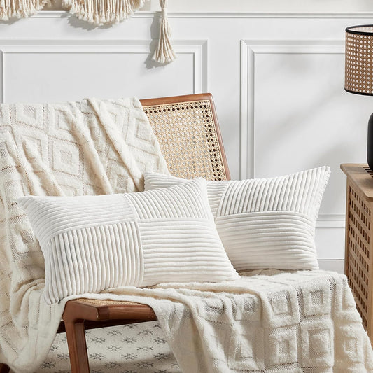 Fancy Homi 2 Packs Cream White Lumbar Decorative Throw Pillow Covers 14x24 Inch for Couch Bed Sofa, Rustic Farmhouse Boho Home Decor, Soft Striped Corduroy Rectangle Accent Cushion Case 35x60 cm