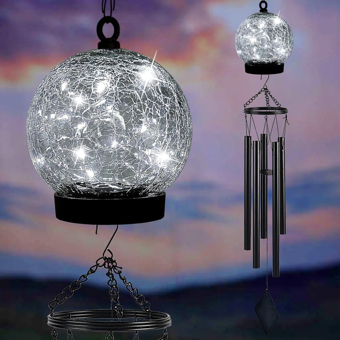 Wind Chimes Outdoor Solar Lights, 42 Inch Large Sympathy Chime 15 Cool White LEDs Crackled Glass Ball Birthday Gifts for Women Decorative Hanging in Garden, Yard, Patio, Landscape