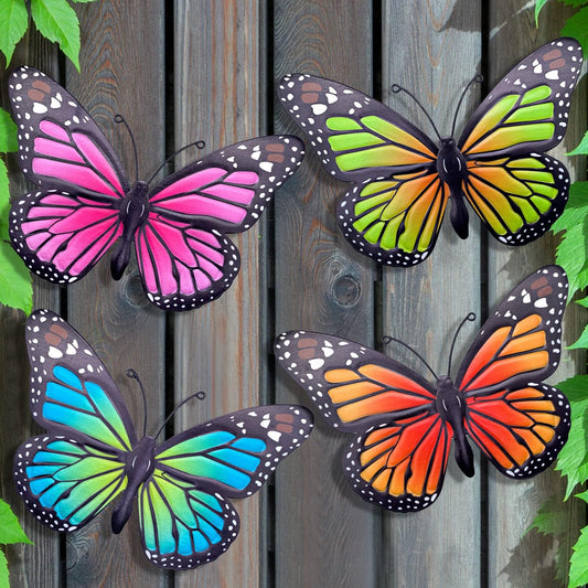 Metal Butterfly Wall Art Outdoor Decor - 4 Pack 9.8in Butterflies Wall Sculpture Hanging Decor for Outdoor and Indoor, Balcony Yard Patio Fence Garden Decorations, Nice Gift for Mom Friend