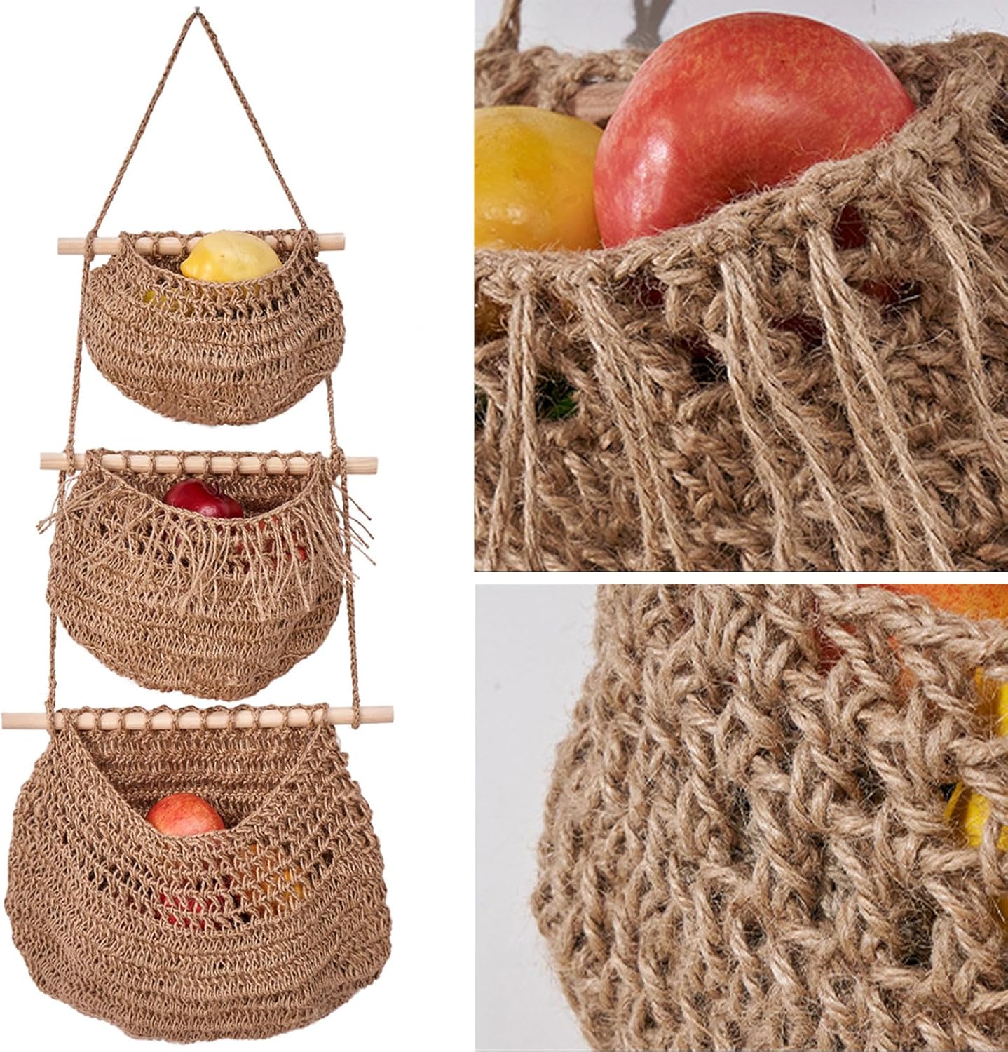 Hanging Fruit Baskets for Kitchen 3-Tier Handmade Bohemian Wall Baskets for Organizing & Decorating Living Room Bedroom Wall Hanging Basket for Onion Storage & Fruit Storage