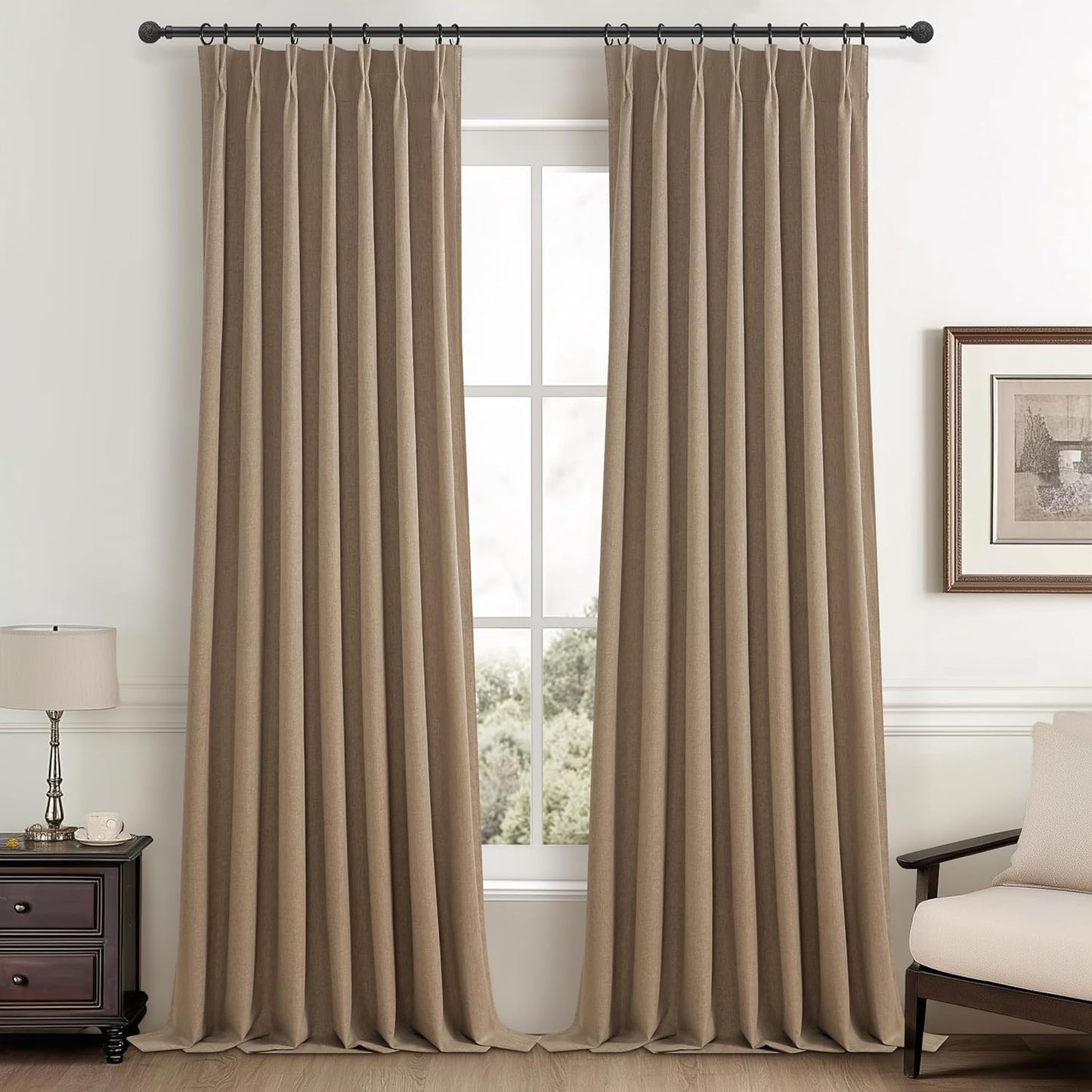 Primitive Curtain 108 Inch Long 2 Panels Burg,Chocolate Rust Brown Pinch Pleated Linen Blended 9 ft Floor Length to Ceiling Traverse Curtains for Living Room Blackout Drapes Sun Blocking Window