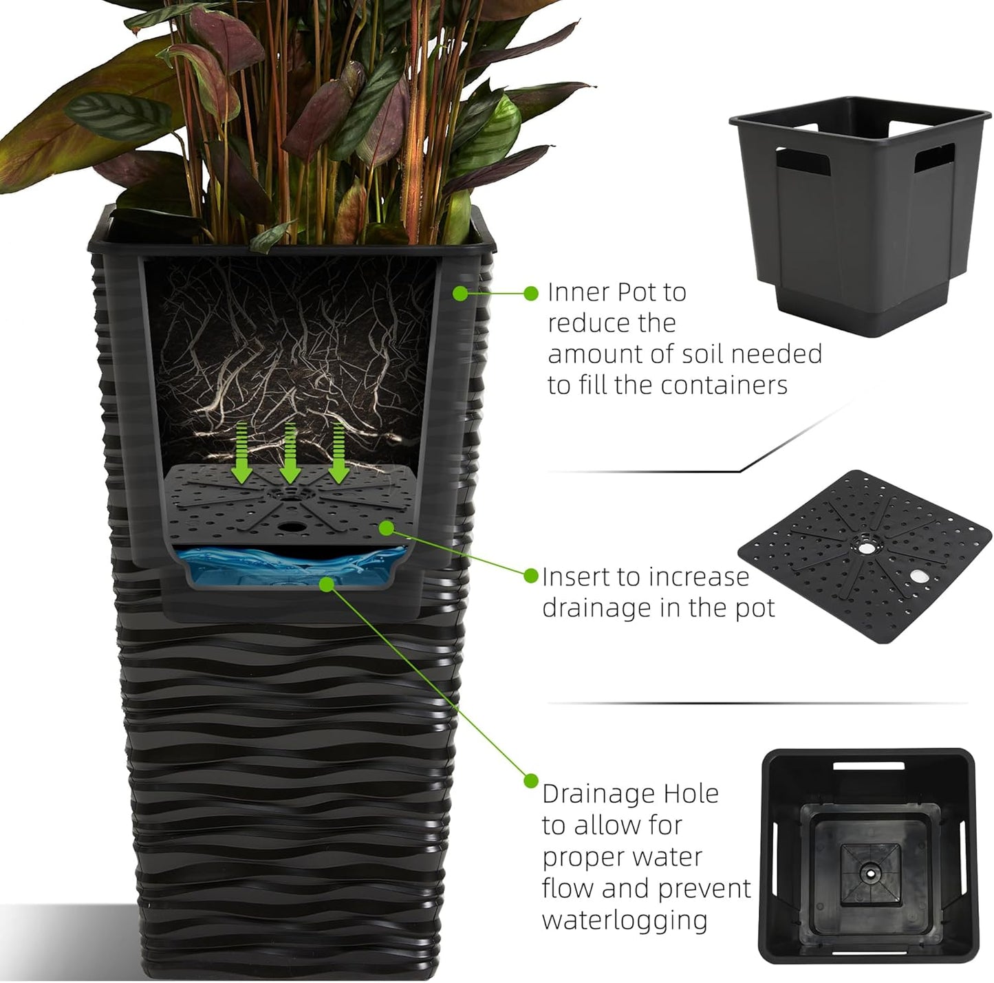 Worth Garden 2-Pack 22" H. Black Square Tapered Planter with Inside Pots - Plastic Plant Pots for Indoor Outdoor - Modern Wavy Finish Decorative Flower Pots for Front Porch Containers Patio Deck