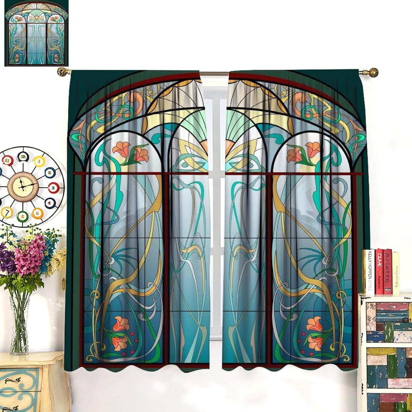 Stained Glass Curtains, Retro Mid Century Boho Abstract Art Home Decor Drapes for Bedroom Living Room Kitchen Window Treatment 2 Panels Set Total Size 55" W X 63" L Inch