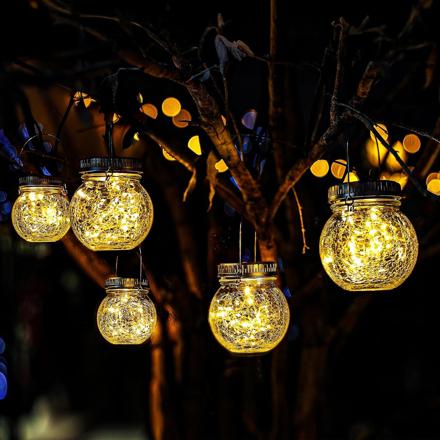 Cooo 6 Pack Crackle Glass Solar Lantern with 30 LED Firefly Lights– Waterproof Outdoor Hanging Lamp 215% Larger Solar Panel, Anti-Rust Lids Decorative Lighting for Garden Patio Table