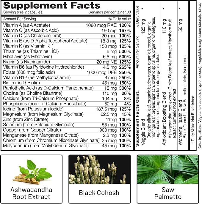Snap Supplements Women's Multivitamins Daily Vitamins B12, Zinc, 60 Capsules