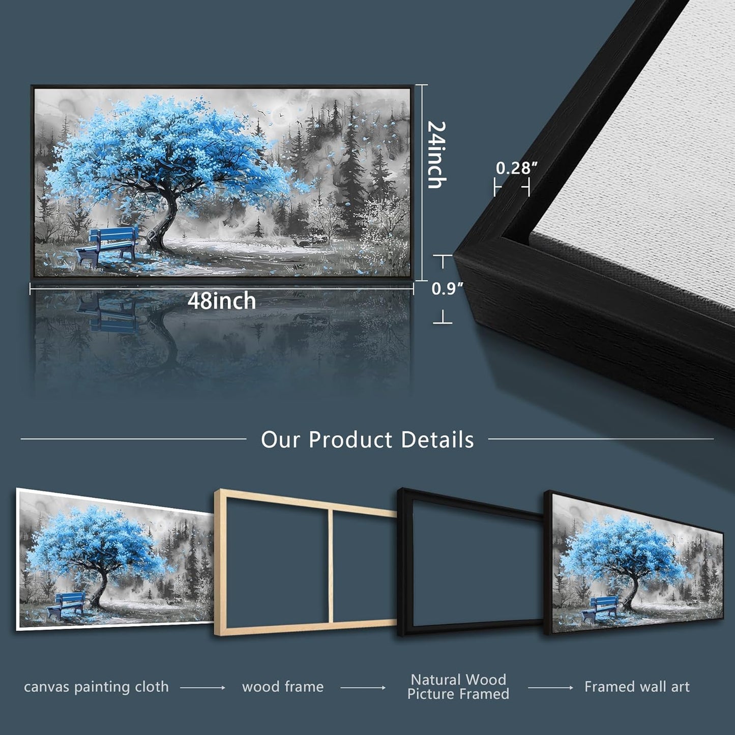 ZUITINGHUA Large Black Framed Wall Decor For Living Room Canvas Wall Art For Office Modern Wall Decorations For Bedroom Blue Tree Landscape Paintings Black And White Pictures Home Decor 24x48 In