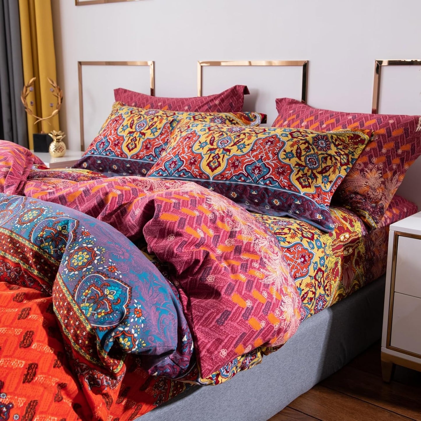 ABREEZE Bohemian Duvet Cover Set Colorful Orange Boho Retro Bedding Set Damask Paisley Cotton Duvet Cover Tribal Reversible Bedding Exotic Style Comforter Cover 3-Piece Twin