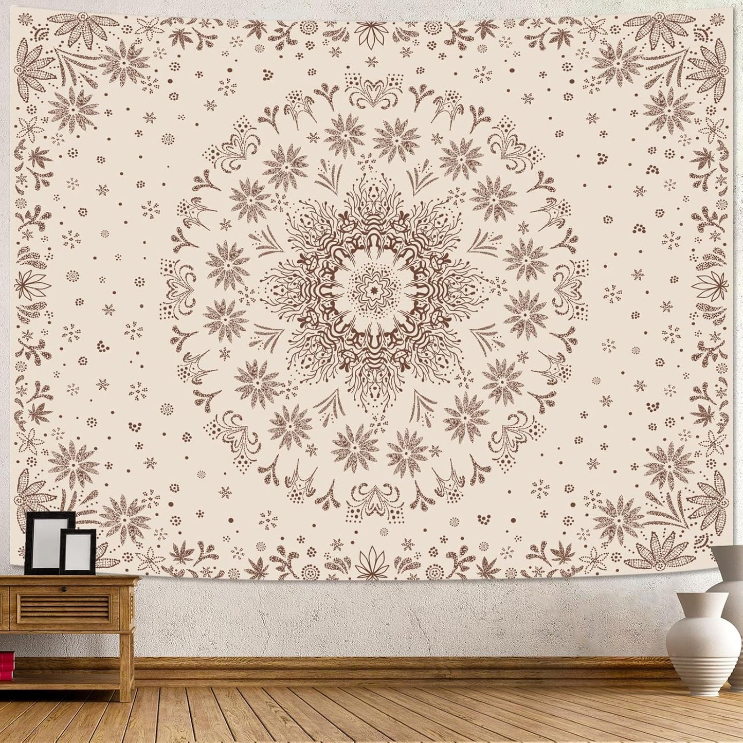 Fowocu Boho Floral Mandala Tapestry Wall Hanging Bohemian Flower Medallion Tapestry Aesthetic Beige Brown Hippie Indian Small Tapestries for Bedroom Living Room Dorm Decor 80 x 60 Inch