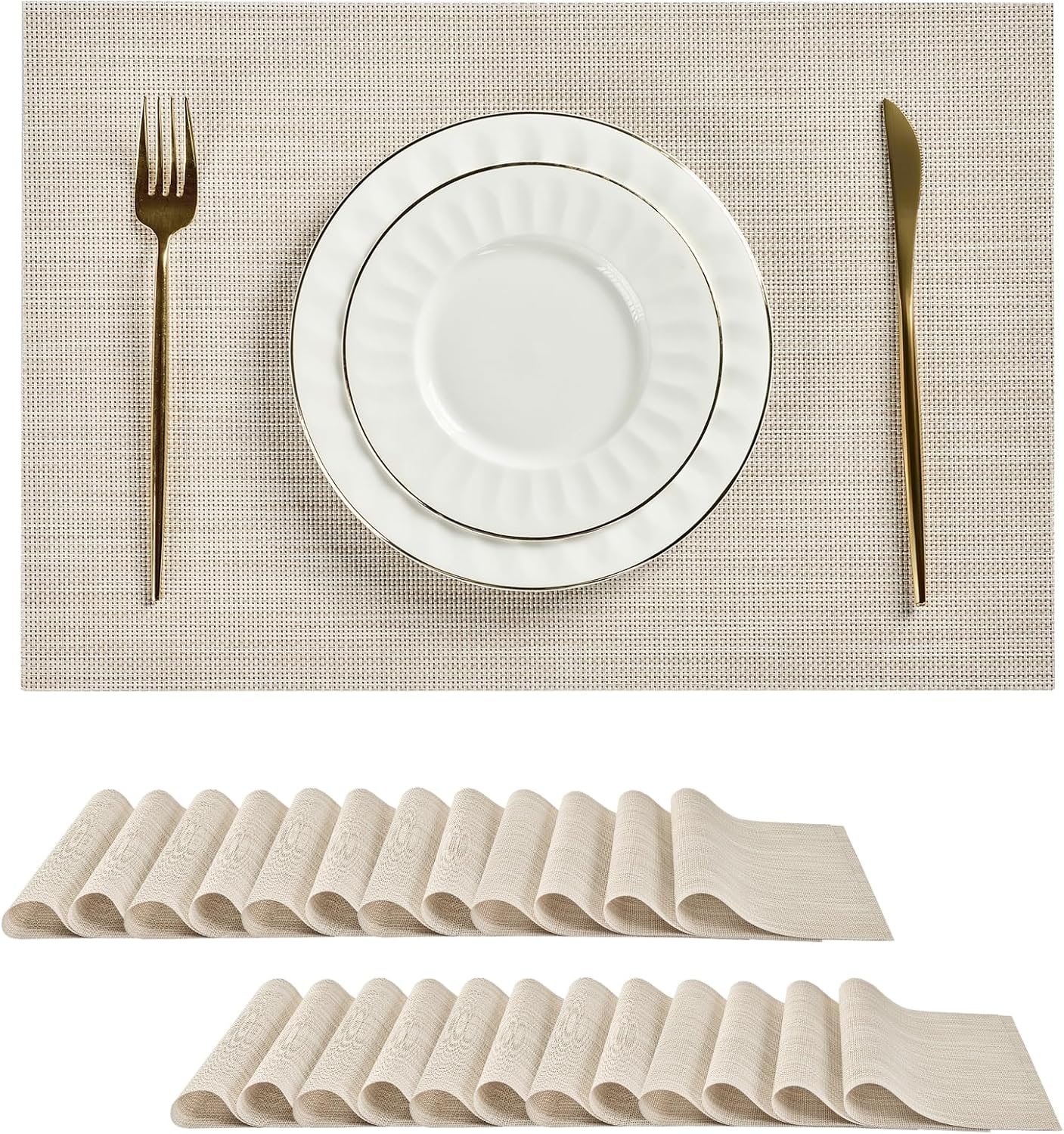 Leetaltree Beige White Placemats Set of 24 - Heat Resistant Non-Slip Place mats for Dining Table, Washable Durable PVC Vinyl Woven Table Mats（Beige White, 24）