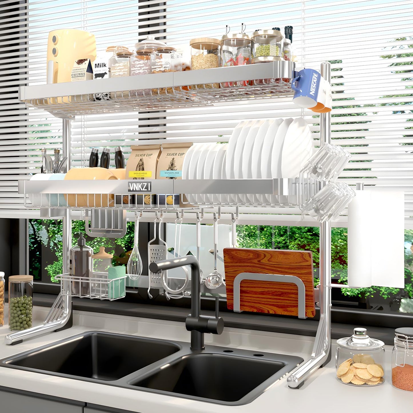 VNKZI Over Sink Dish Drying Rack, 3 Tier Full Stainless Steel Storage Adjustable Length (25.98'' to 36.61'') Kitchen Rack, Multifunctional Expandable Counter Organizer, Space Saver Dish Rack